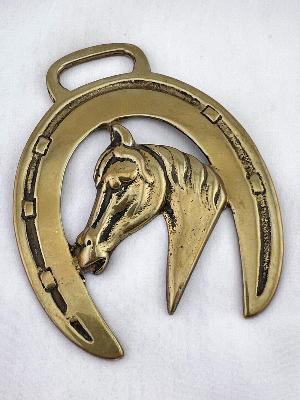 Brass Horse Medallion Antique Mare Filly Quarter Horseshoe Head Parade Harness